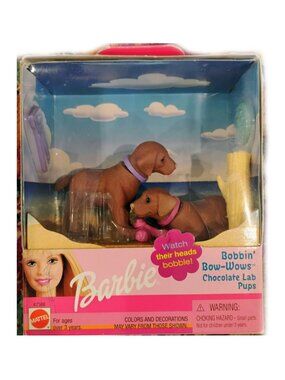Barbie vintage Bobbin' Bow-Wows Chocolate Lab Puppies 6pc w/2 Dogs, never opened